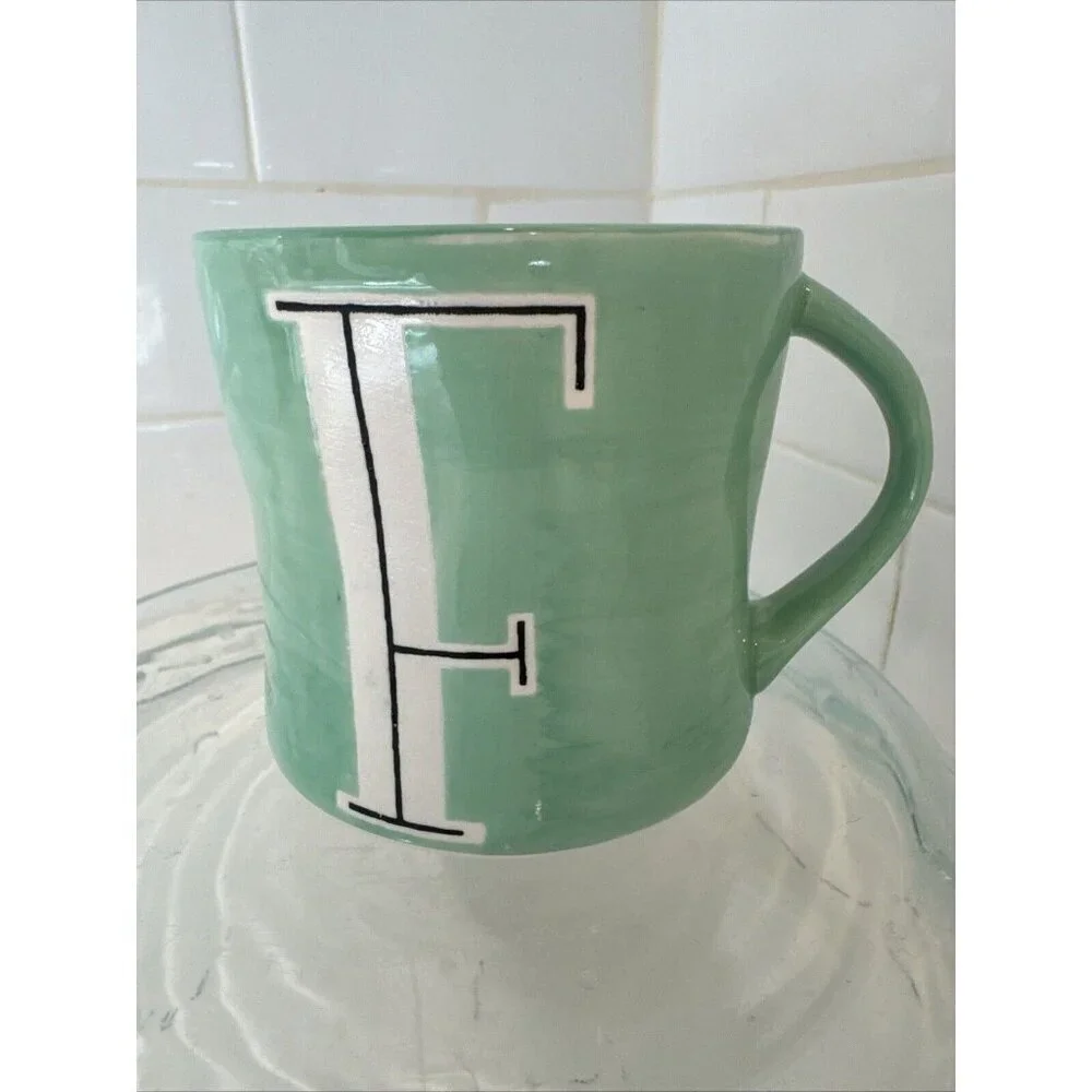 ANTHROPOLOGIE COFFEE TEA CUP MUG GREEN WITH LETTER F 12 OZ